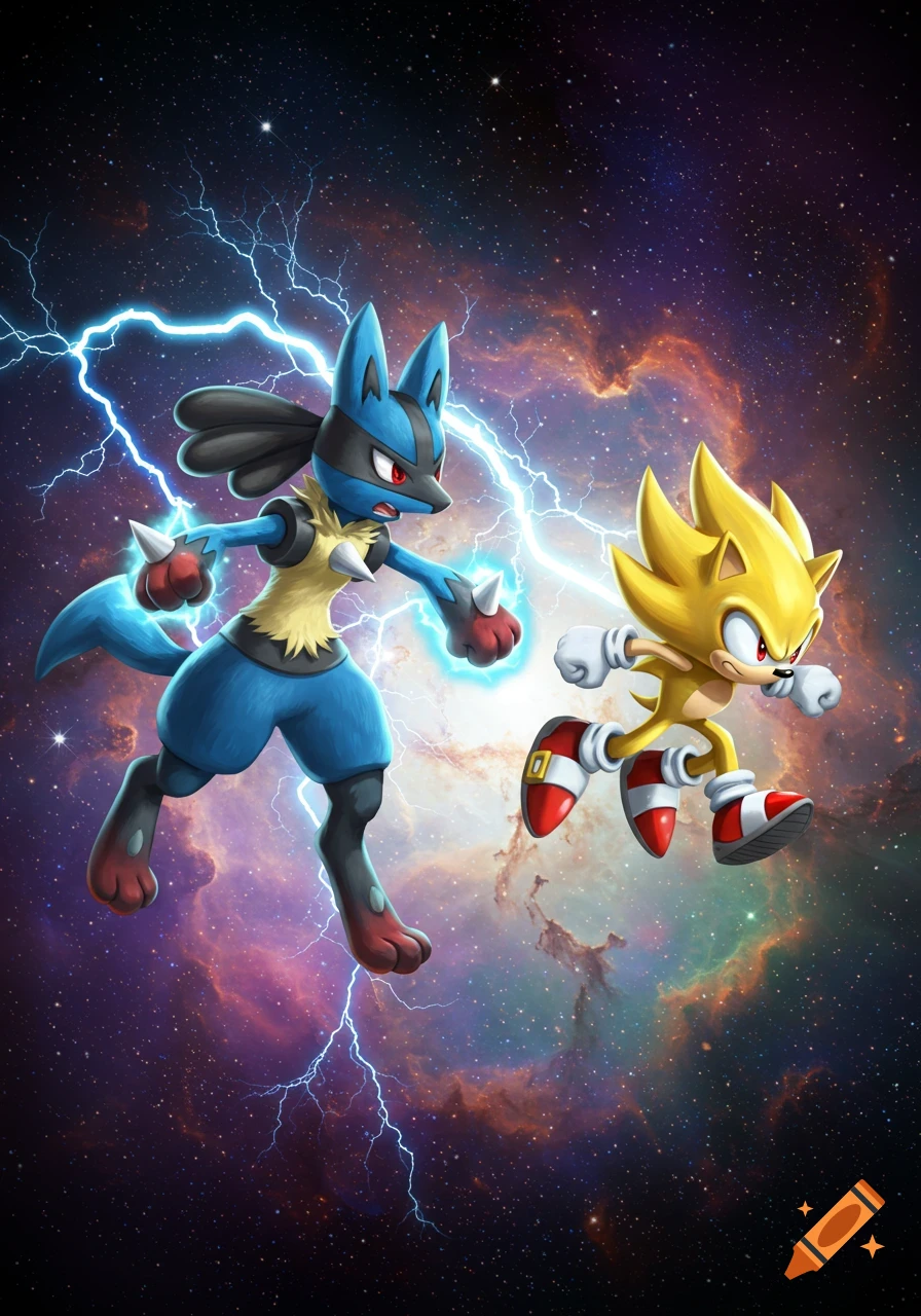 Lucario and Super Sonic in a dynamic pose in a galaxy with lightning