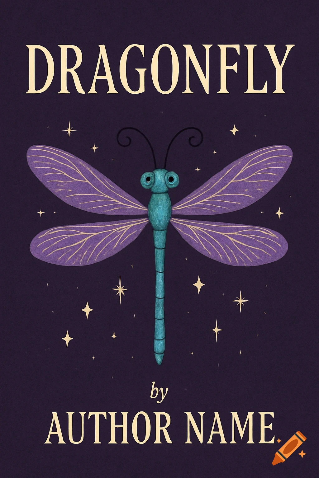 Stylized blue and purple dragonfly on a dark purple background with stars, text reads 'DRAGONFLY by AUTHOR NAME'.