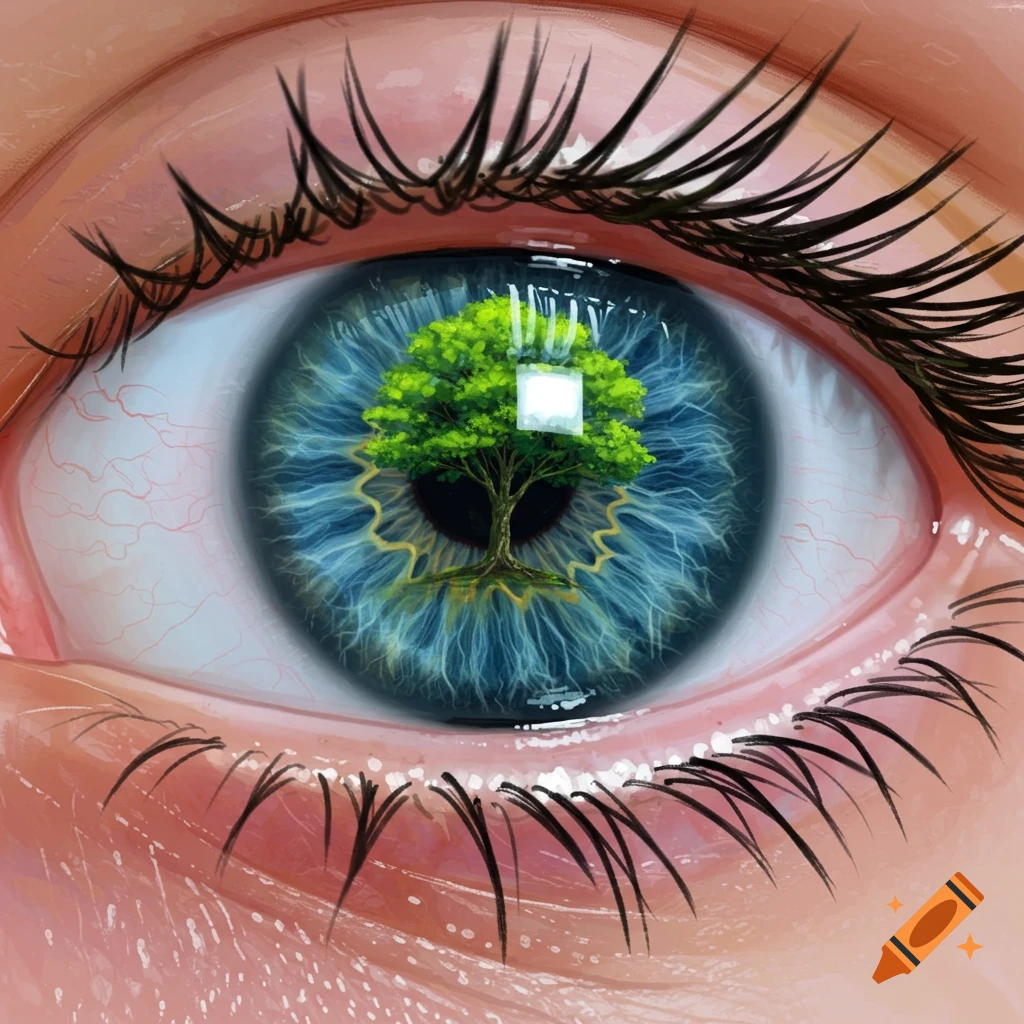 A close-up of a human eye with a green tree growing from the center of the blue iris.