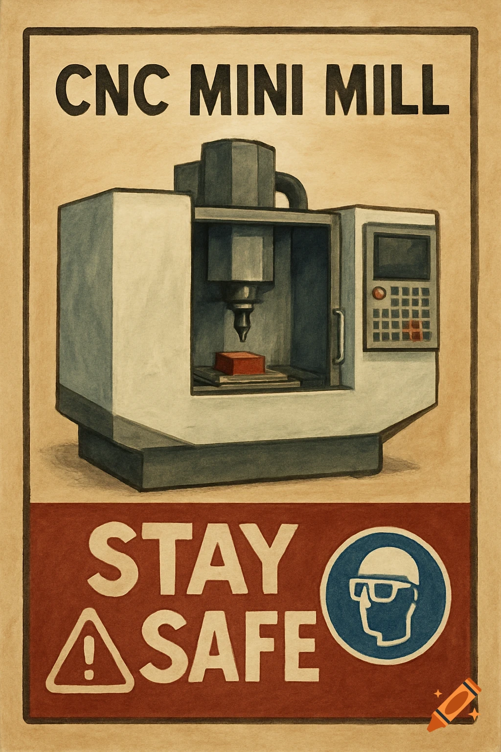 Illustrated safety poster for a CNC mini mill with the machine and text 'CNC MINI MILL STAY SAFE'.