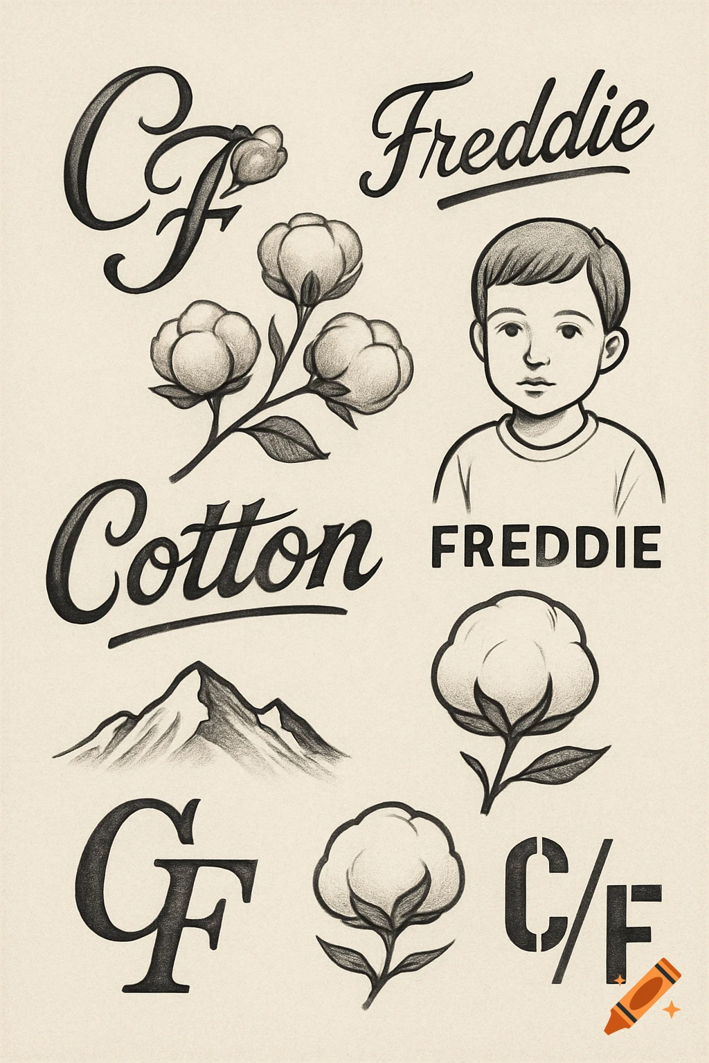 Sketch of tattoo ideas with cotton plants, a boy, mountains, and text 'Freddie', 'Cotton', 'CF'.