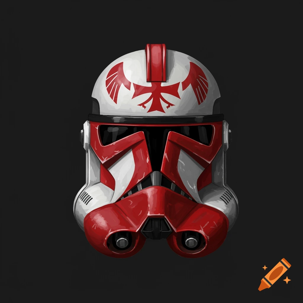 Red and white clone trooper helmet with symbols on a dark background.