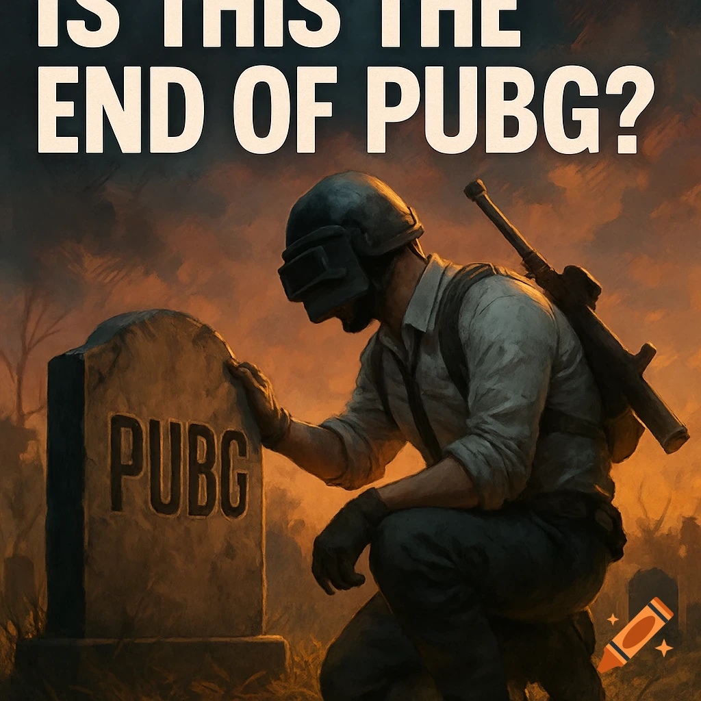 A PUBG character kneels at a gravestone marked 'PUBG' in a cemetery at sunset, with text 'Is this the end of PUBG?' above.