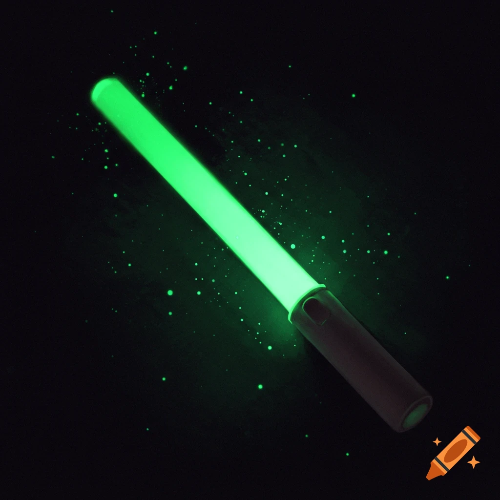 A green glow stick glows brightly in the dark, surrounded by scattered green lights.