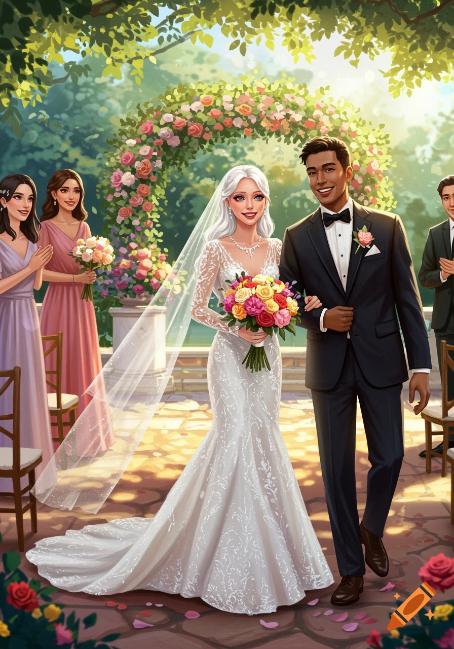 An illustration of a bride and groom walking down the aisle at an outdoor wedding ceremony.