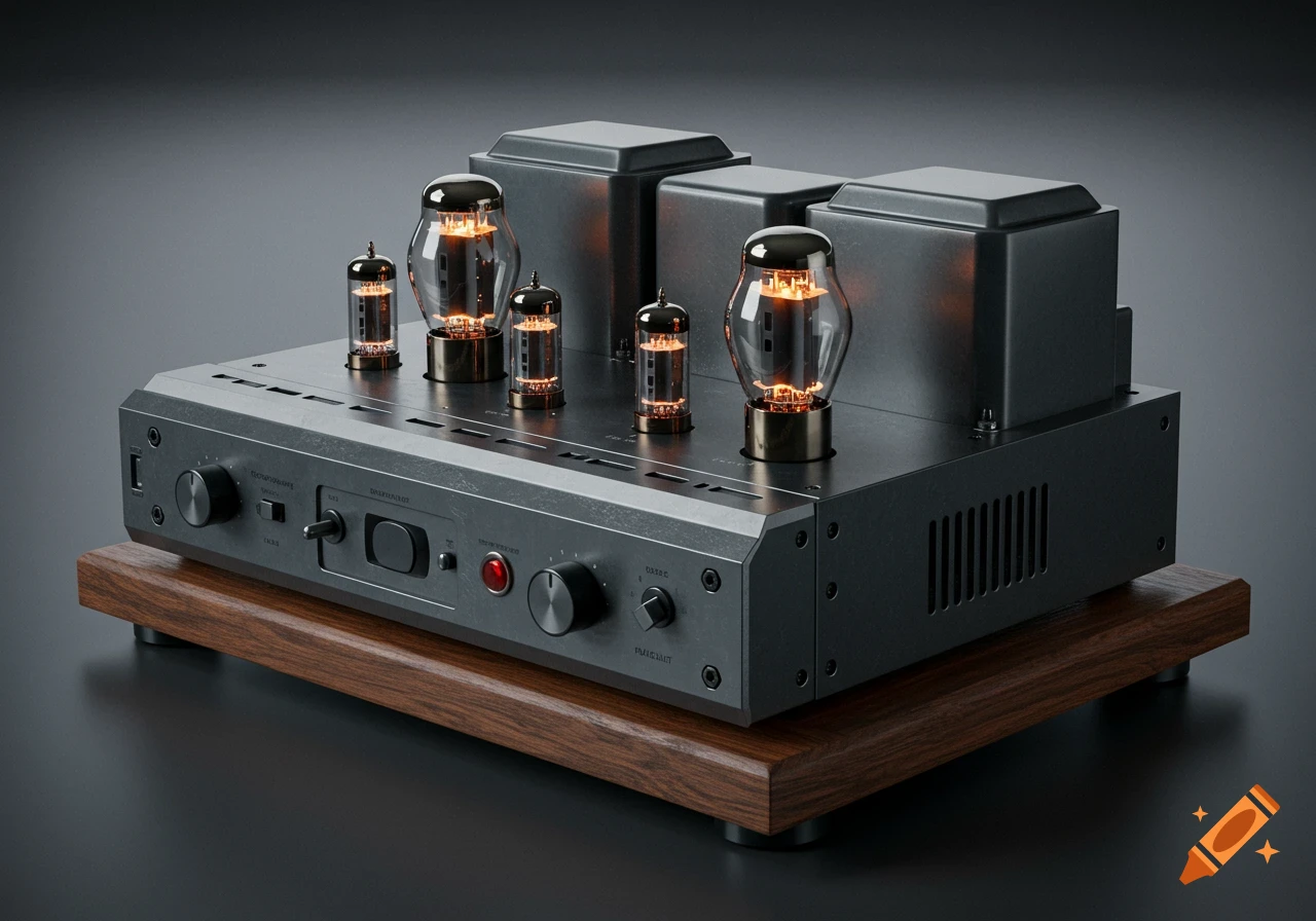 A detailed, photorealistic image of a dark gray tube amplifier with glowing vacuum tubes, knobs, and switches, sitting on a wooden base.
