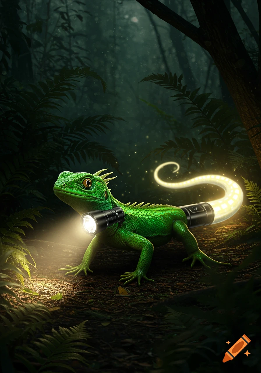 A green lizard with flashlights attached explores a dark forest path.