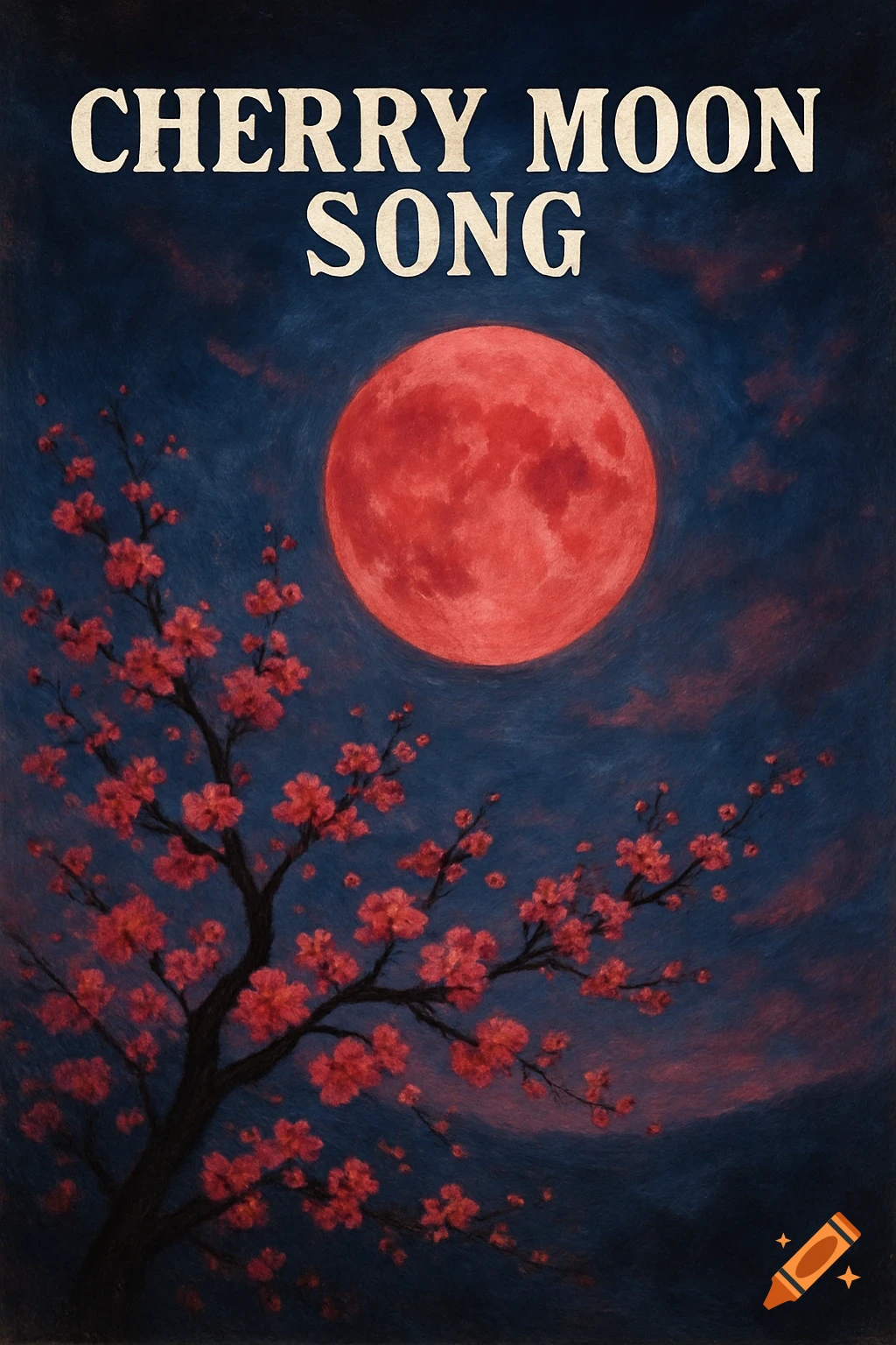 Illustration of a red moon and cherry blossom branch with pink flowers under a dark blue sky. Text reads 'CHERRY MOON SONG'.