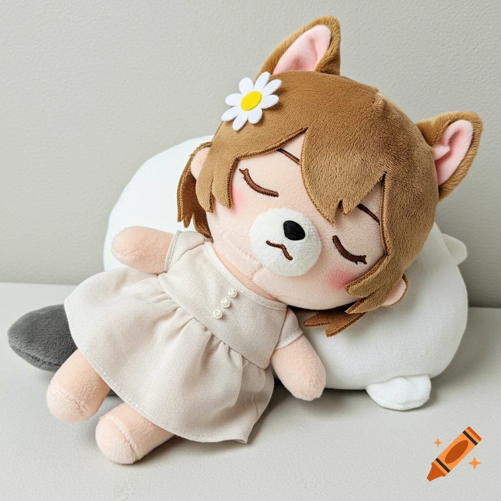 A sleeping plush toy of an animal wearing a dress with a daisy