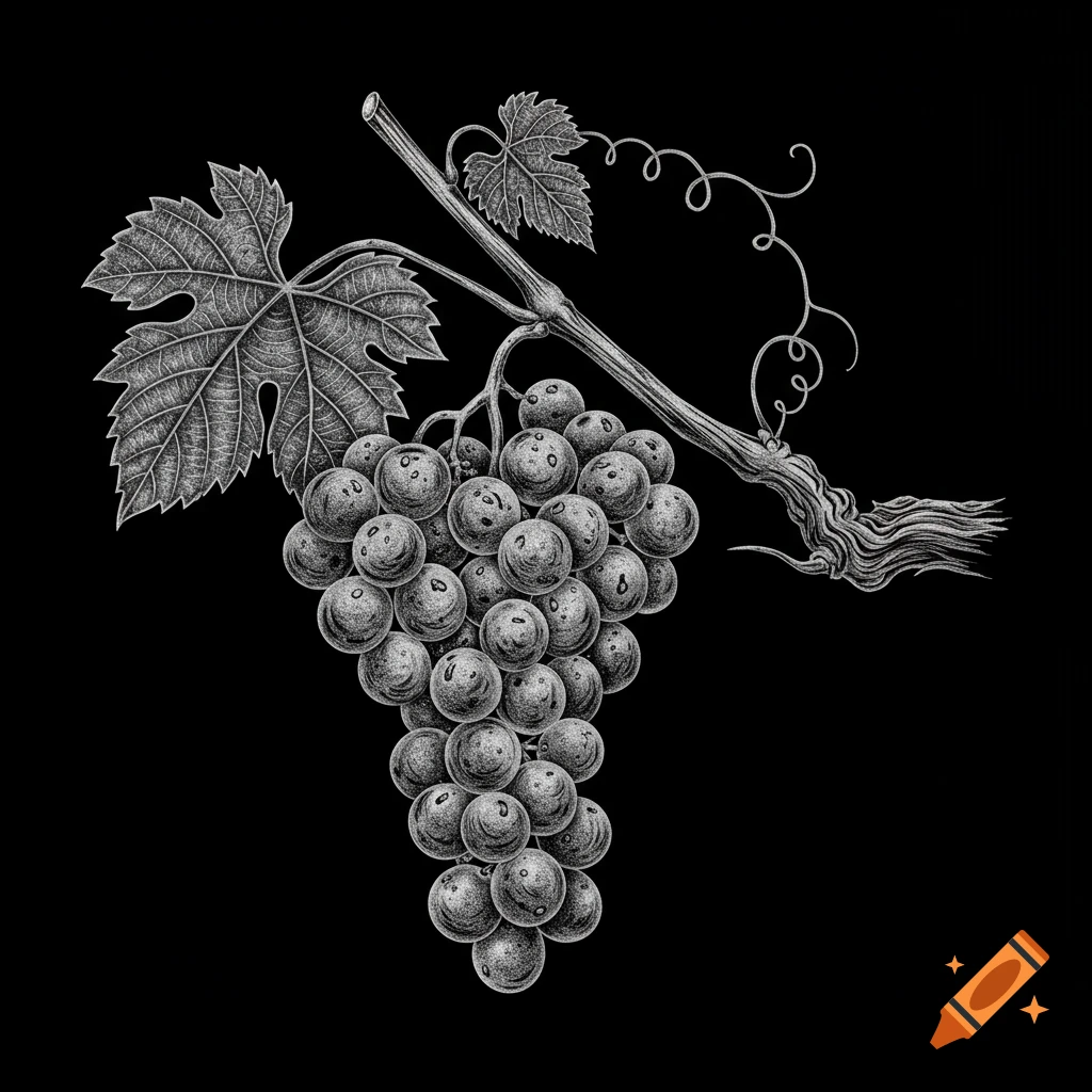 Grayscale engraving of grapes and a grapevine.