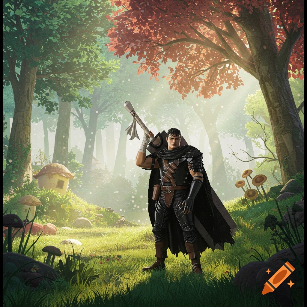 A dark-haired warrior with a large sword stands in a sunny fantasy forest, illustrated in a Ghibli style.
