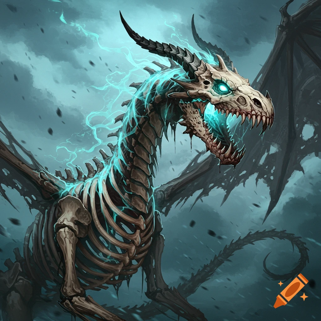 An undead skeleton dragon with glowing blue energy in a stormy sky, digital art.