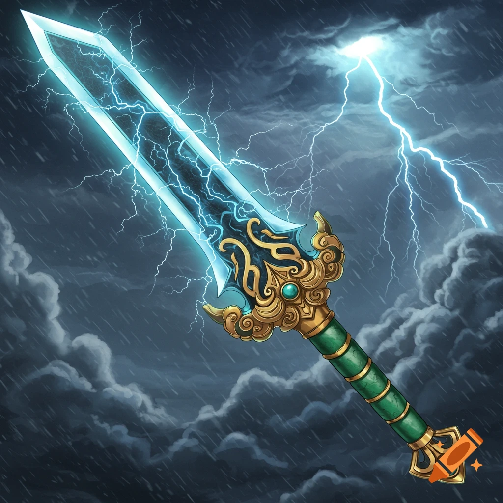 A detailed fantasy sword with lightning on the blade against a stormy, rainy sky with lightning.