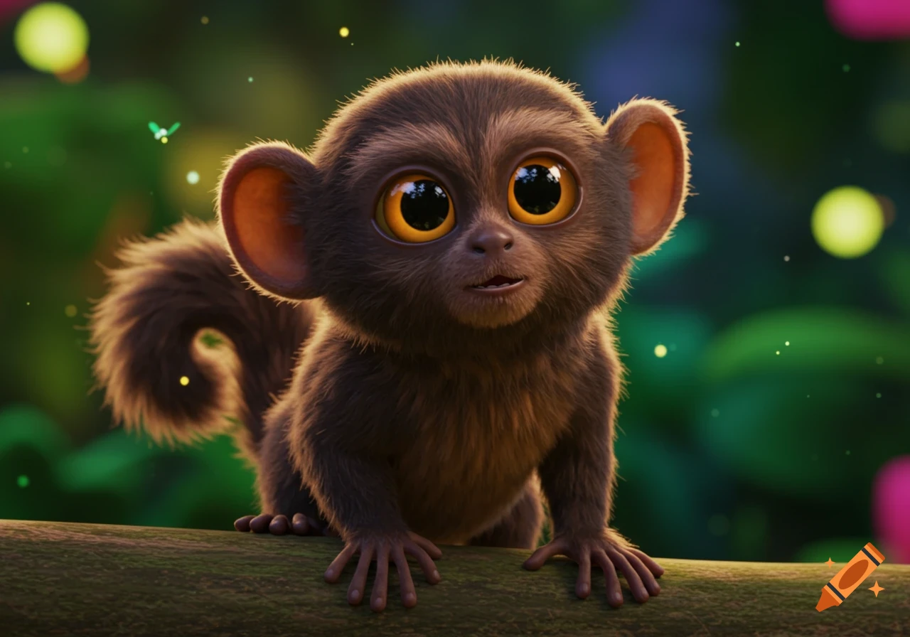 A cute cartoon monkey with big eyes sits on a branch in a jungle.
