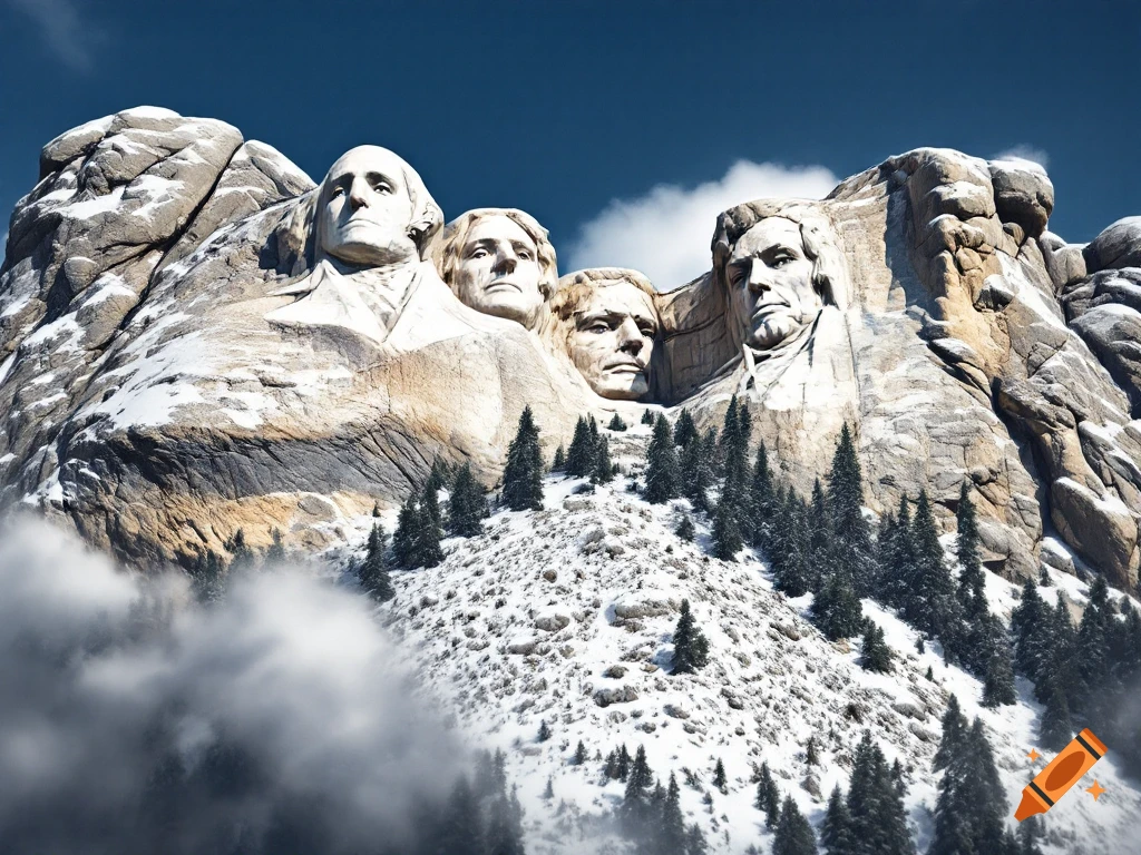 Mount Rushmore carved into a snow-covered mountain peak.