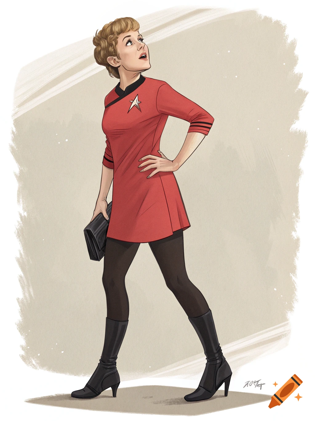 Illustration of a woman in a red Starfleet uniform, black tights, and boots, holding a black clutch.