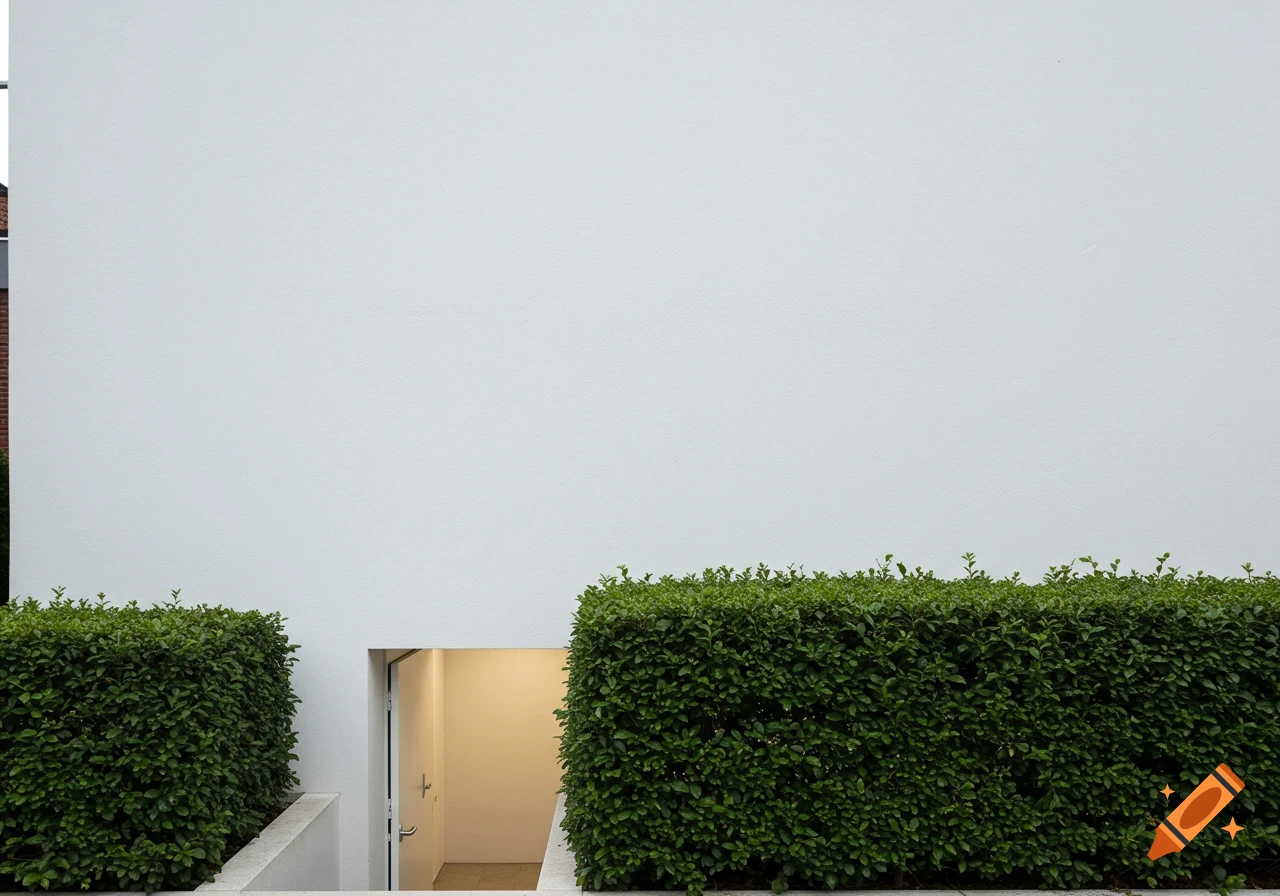 A white modern building wall with bushes and a partially hidden door.