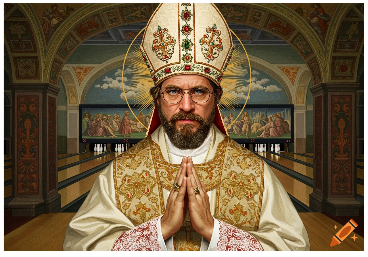Man resembling Walter Sobchak in bishop attire with halo praying in a surreal bowling alley with religious murals, painted style.