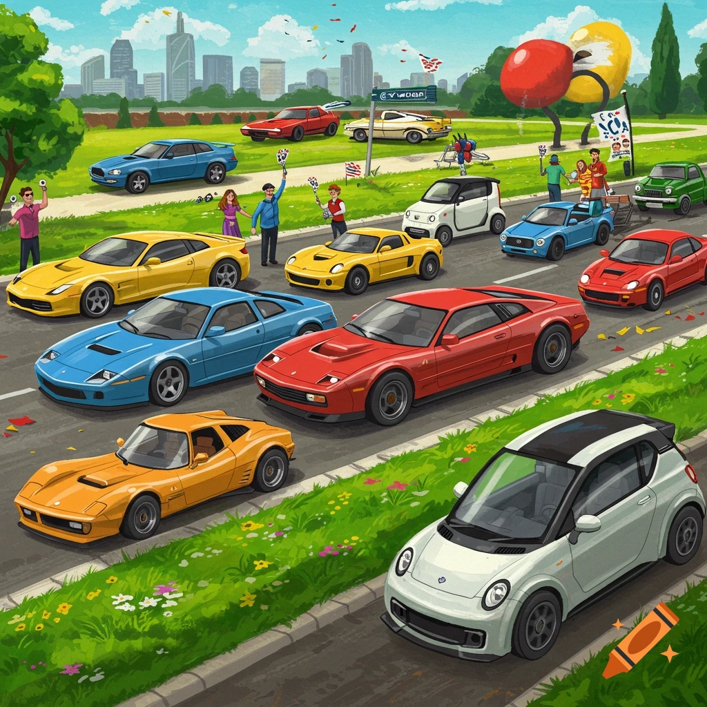 Cartoon illustration of a cheerful car parade with various vehicles and people cheering alongside a park and city skyline.