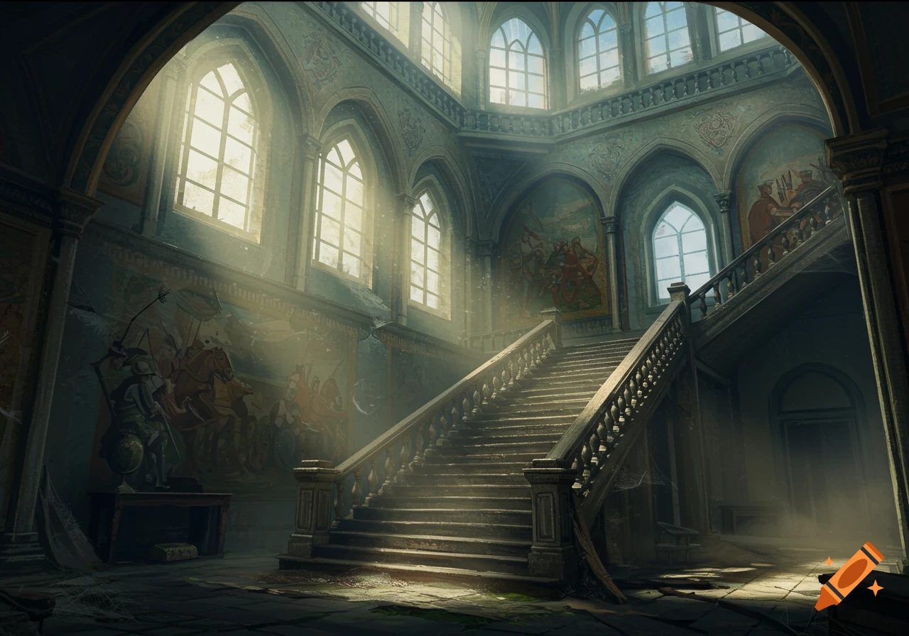 A grand, sunlit staircase inside a large, old castle or palace with ...