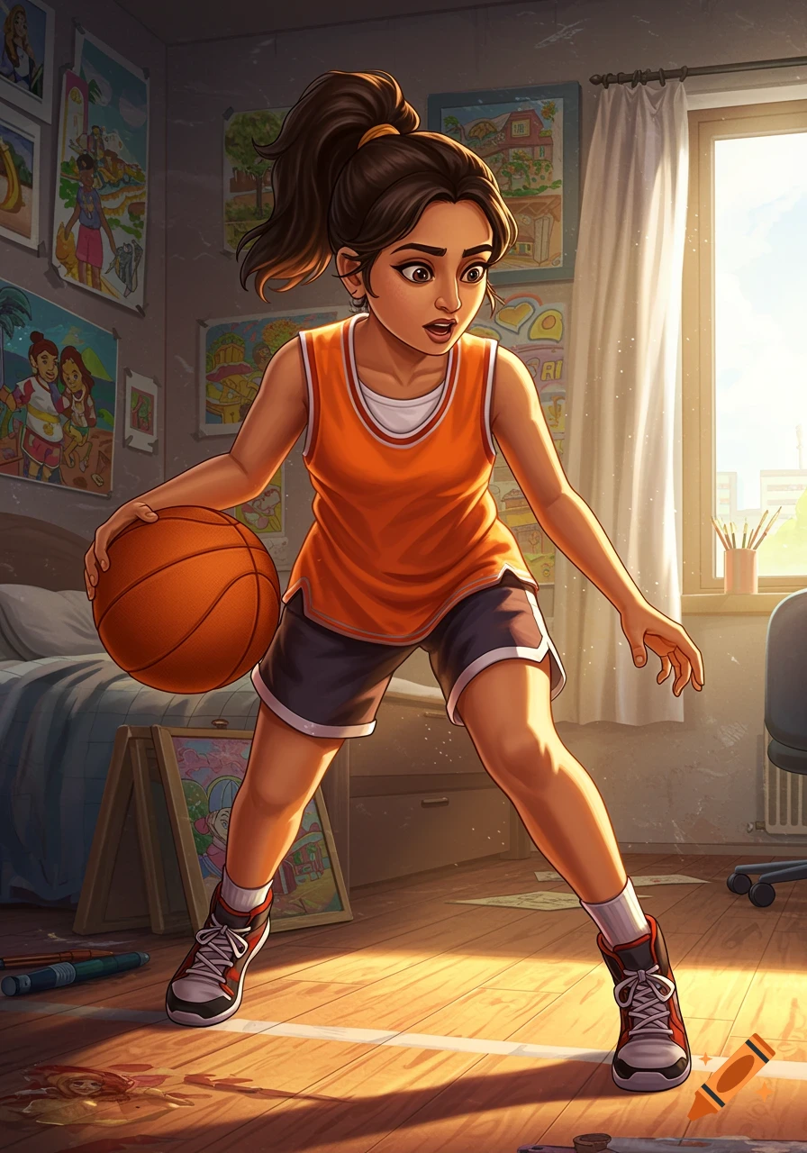 Teen girl dribbling a basketball in a room with artwork.