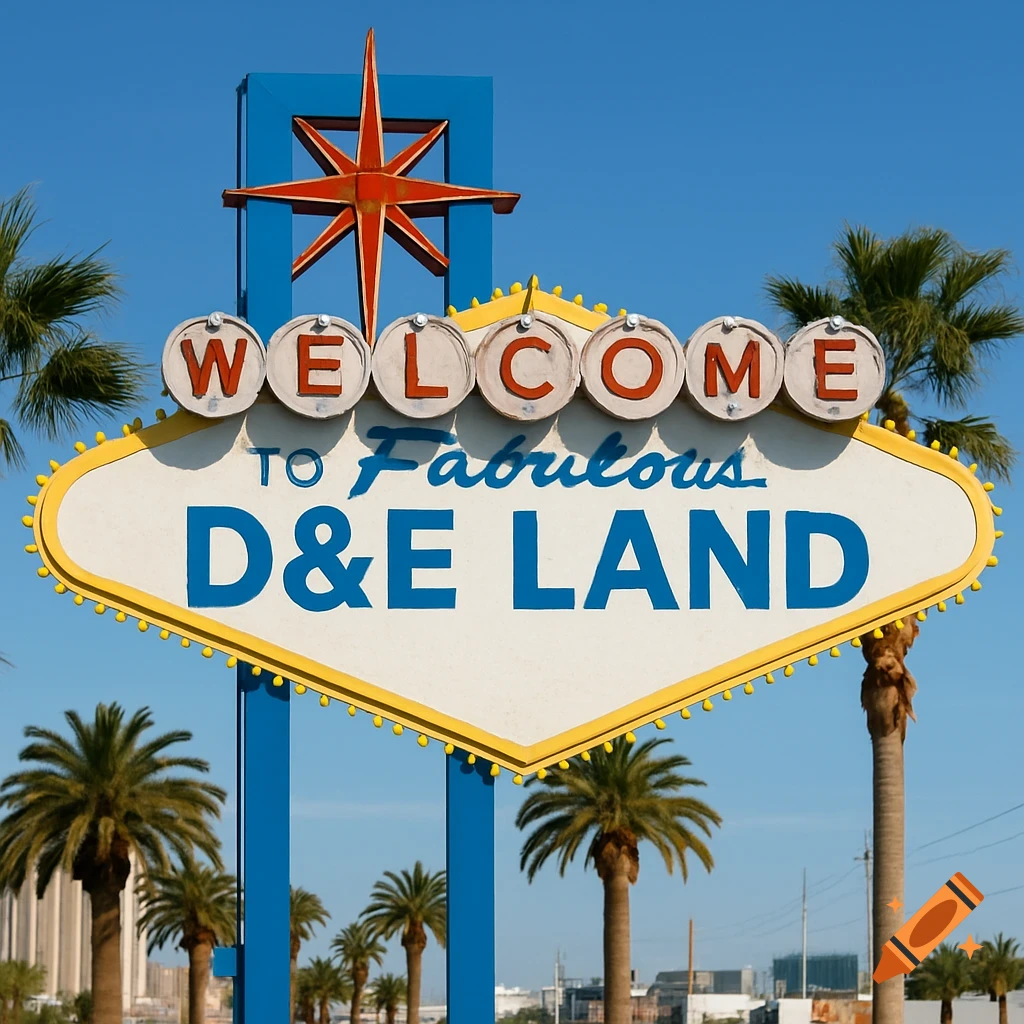 Welcome to fabulous D&E Land sign with palm trees against a blue sky.