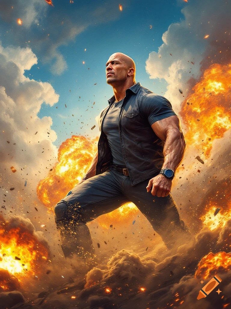 Dwayne 'The Rock' Johnson stands heroically amidst large explosions and smoke, looking up with determination.