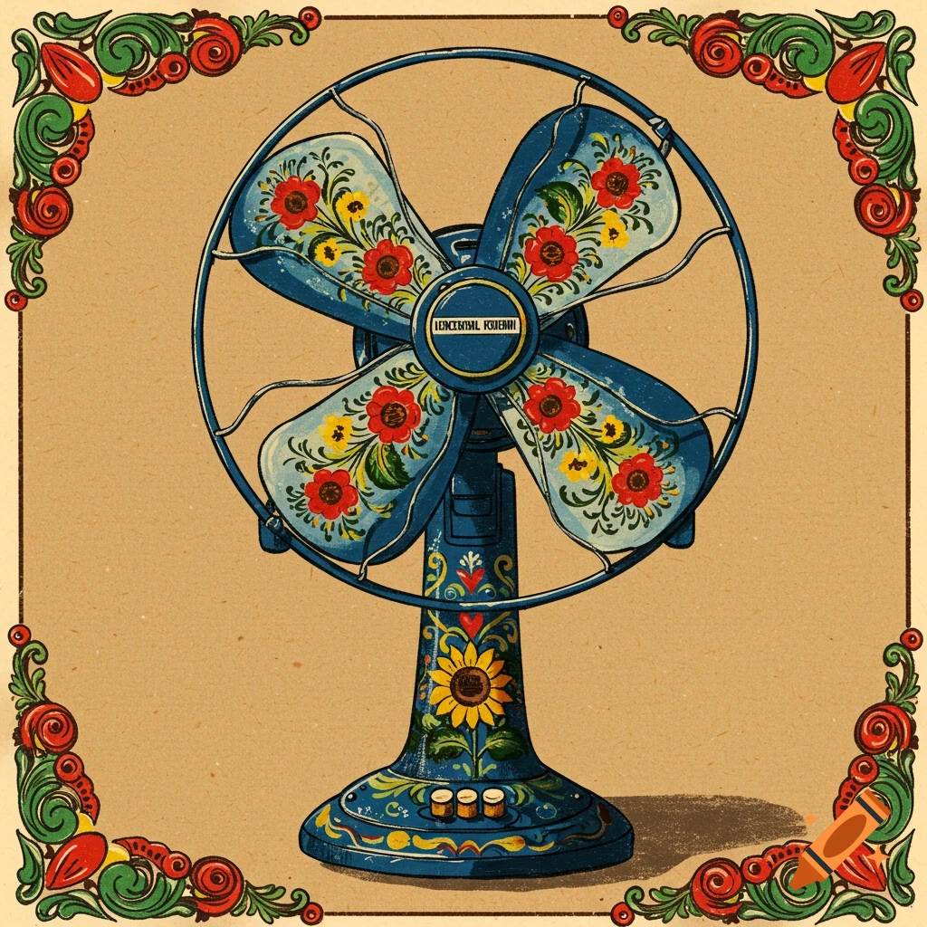 An electric fan decorated with Hungarian folk art patterns on a paper background.