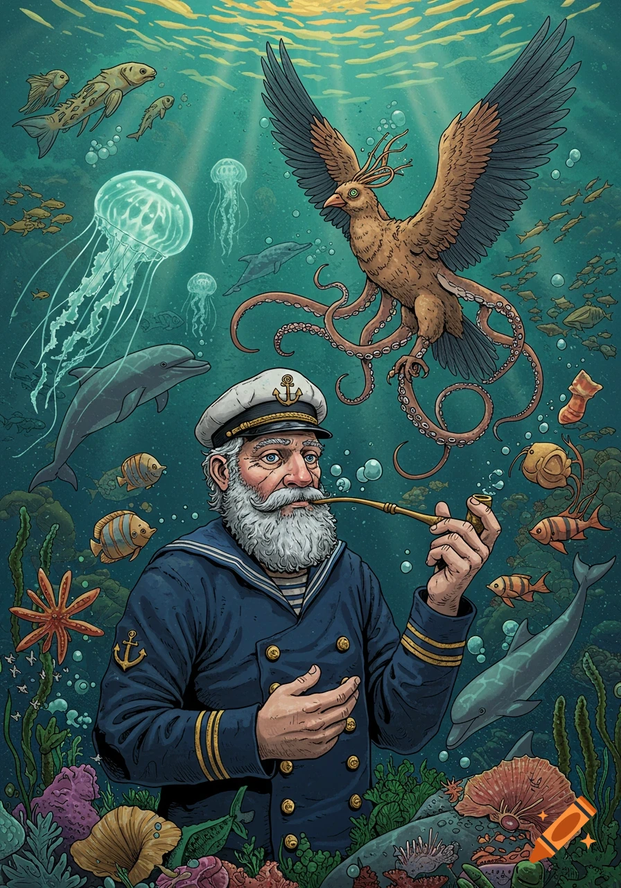 An illustration of a bearded sailor smoking a pipe underwater with a bird-octopus creature, fish, dolphins, and jellyfish.