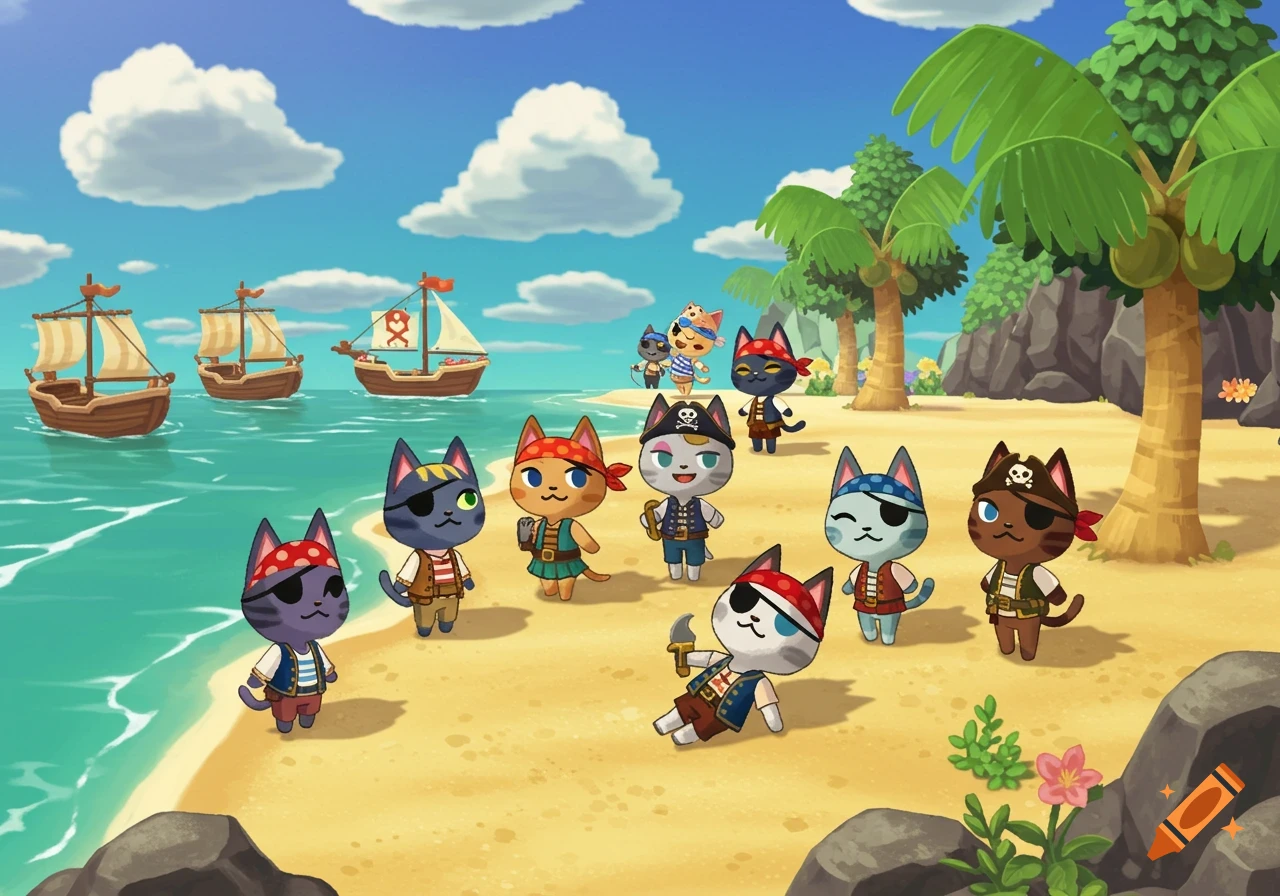Cartoon pirate cats on a beach with ships in Animal Crossing style
