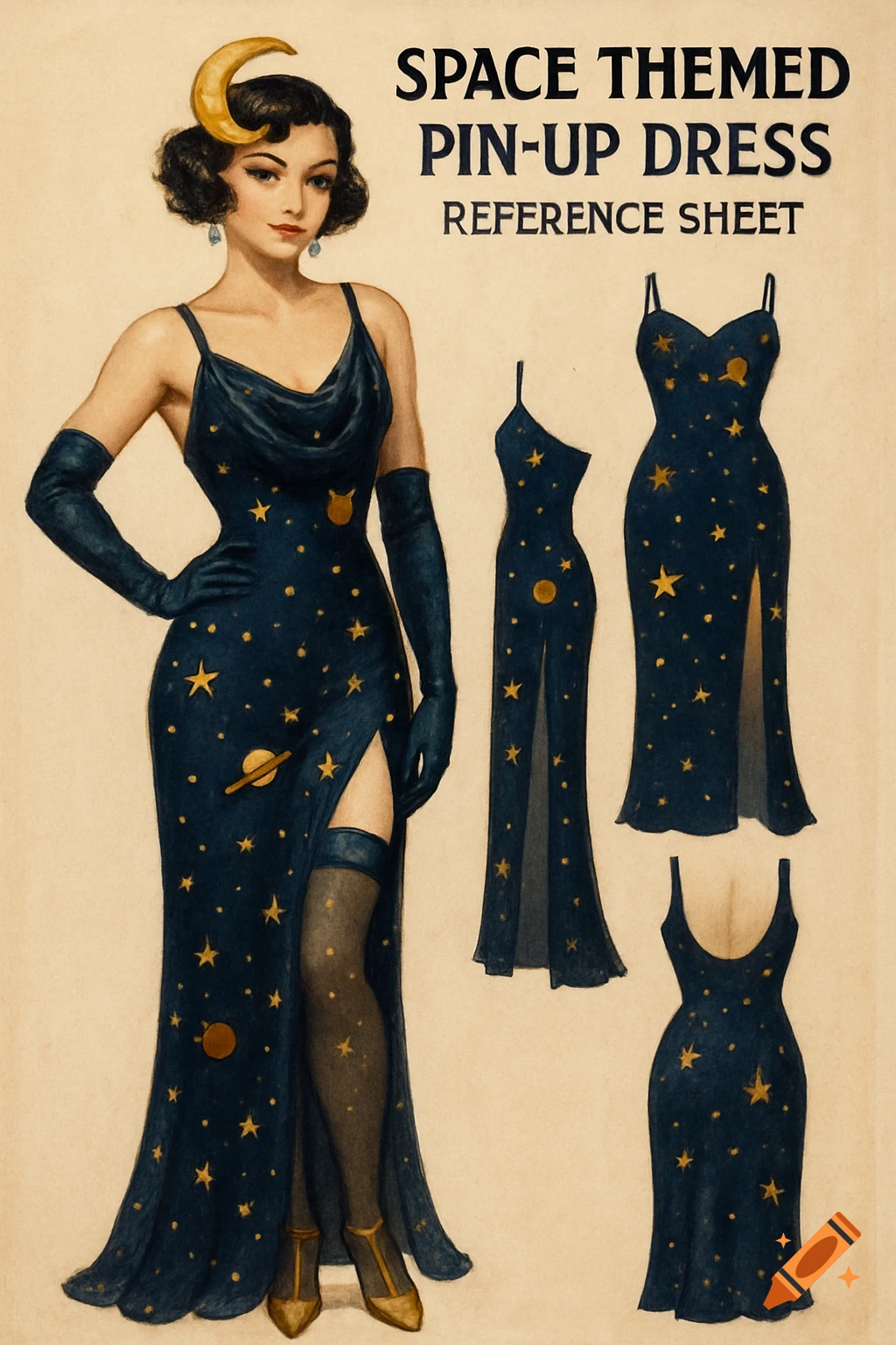 Illustration of a woman in a space-themed pin-up dress with reference views.