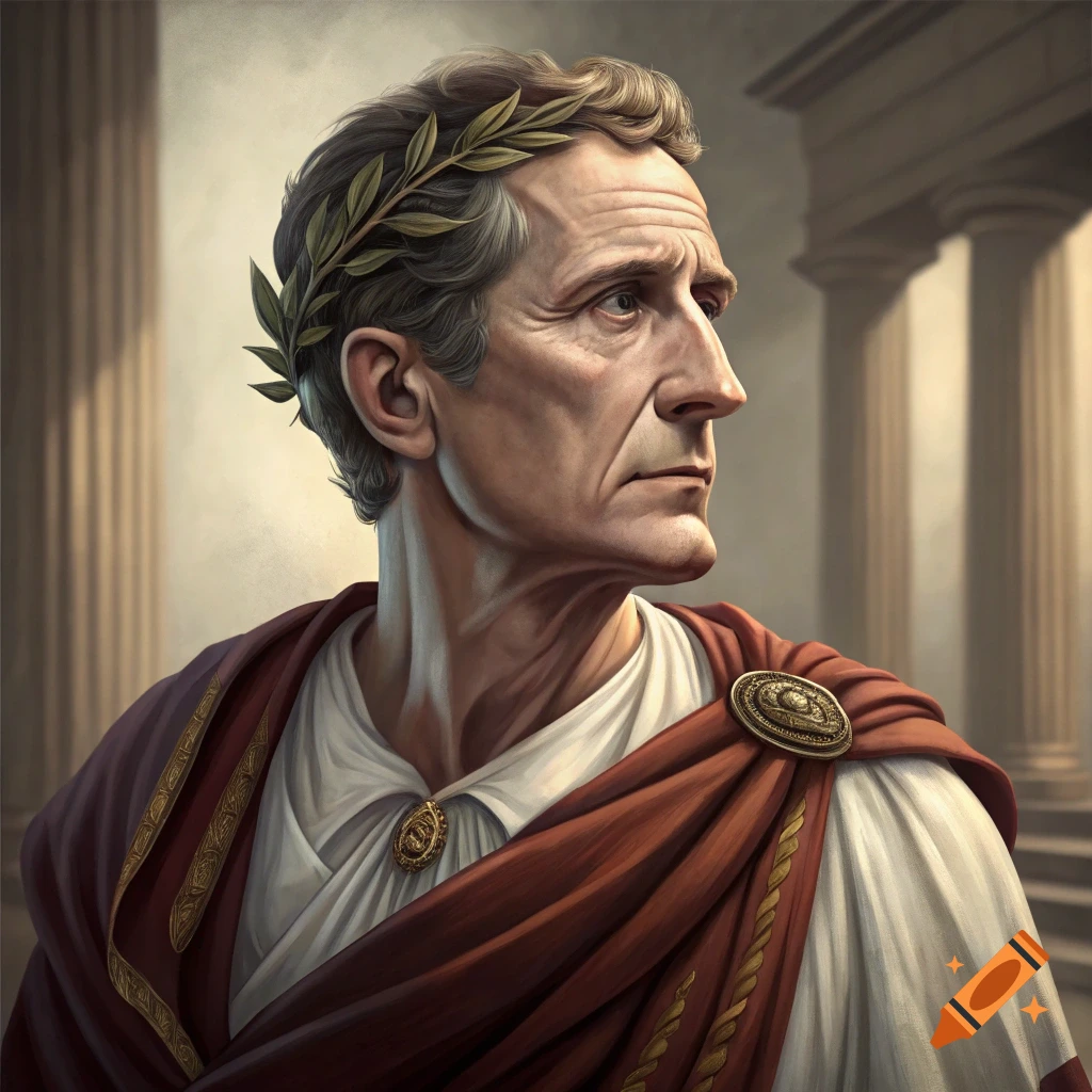 A realistic portrait of a man resembling Julius Caesar wearing a laurel wreath and toga against a classical background.