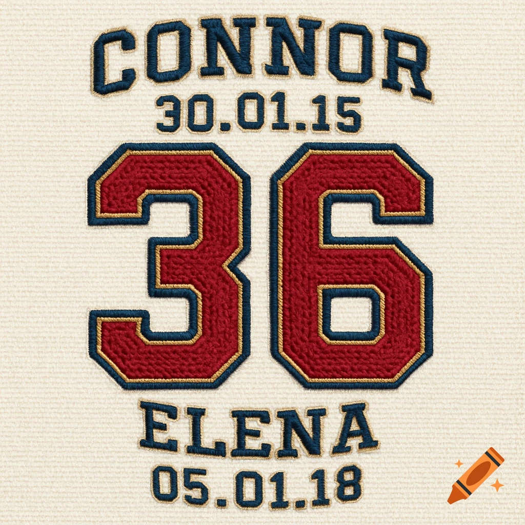 Embroidered varsity style numbers 36 with text Connor 30.01.15 above and Elena 05.01.18 below on fabric