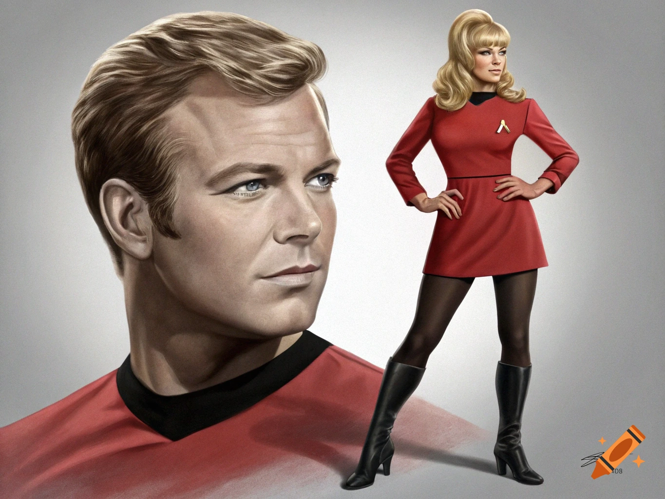 Illustration of a man and woman in red Star Trek uniforms