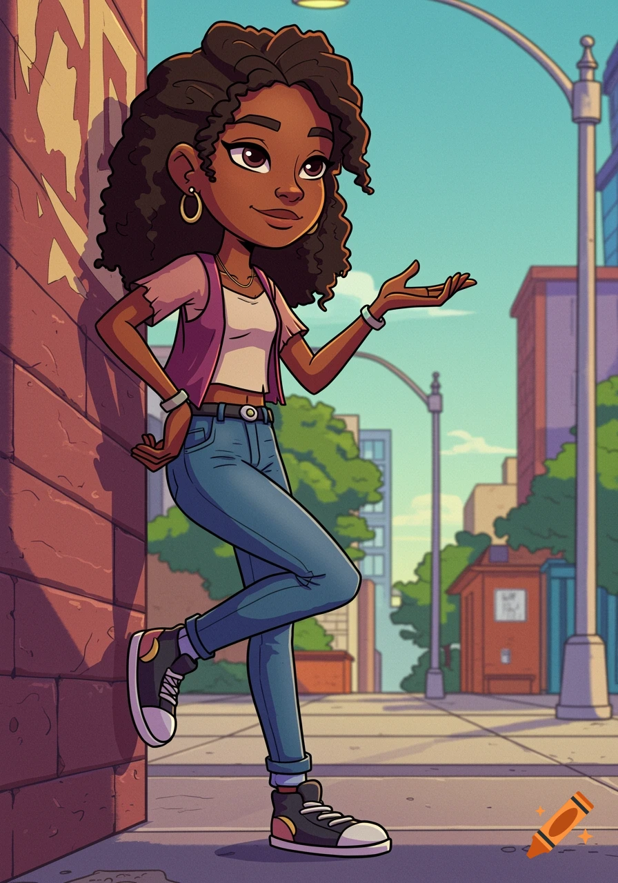 A cartoon teenage girl with curly brown hair leans against a brick wall on a city street