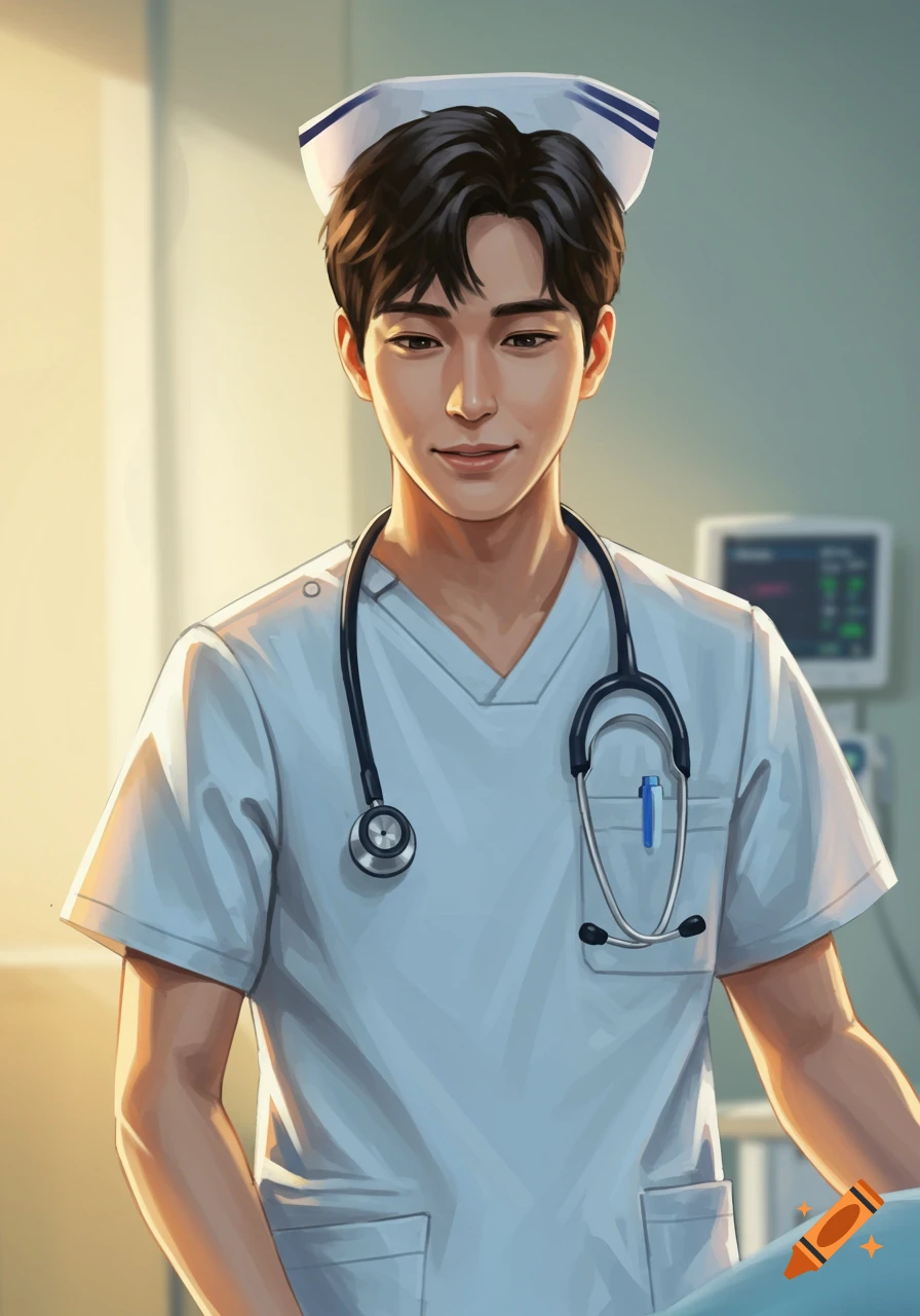 Illustration of a smiling male nurse wearing a white uniform and stethoscope