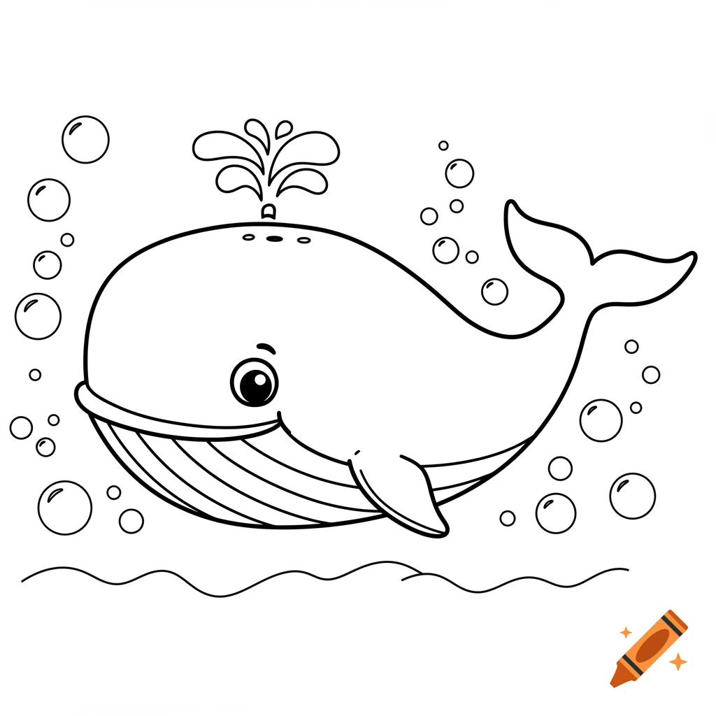 Line drawing of a cartoon whale squirting water, surrounded by bubbles, for a coloring book.