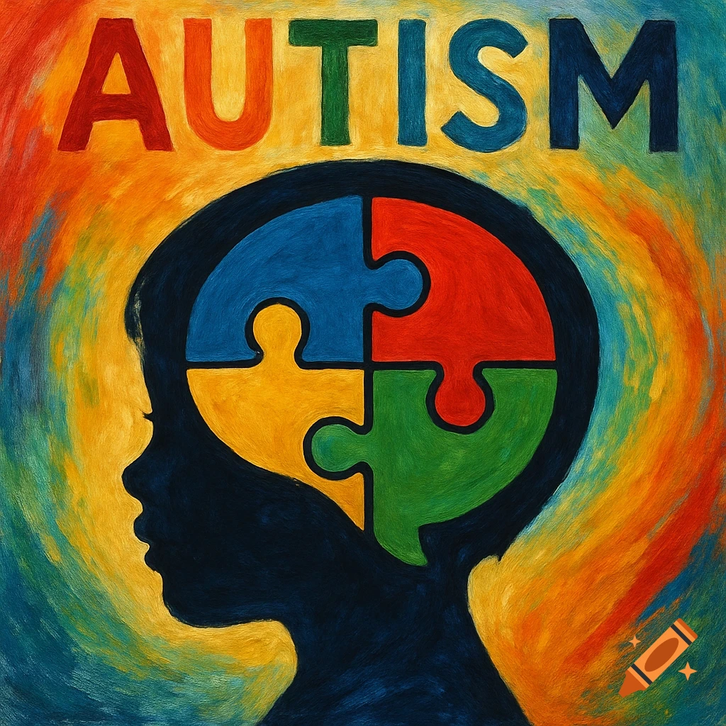 Silhouette of a child's head filled with colorful puzzle pieces, with the word AUTISM above, in a painterly style.