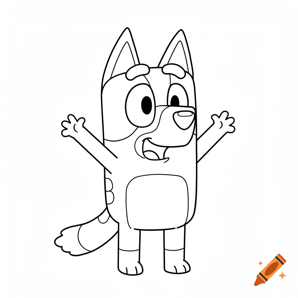 Line drawing of Bluey the dog with arms raised