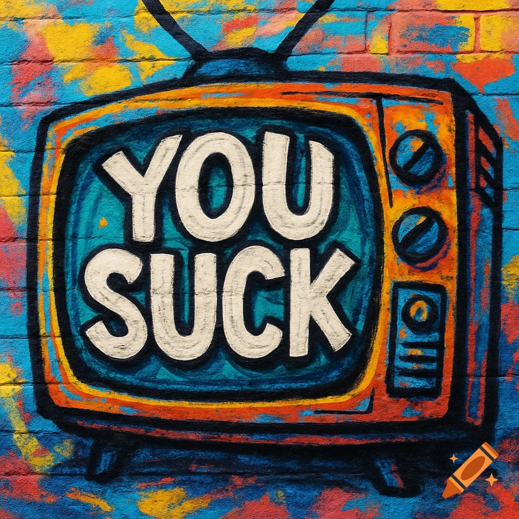 Graffiti art of an old television with the words YOU SUCK on the screen, against a colorful brick wall.