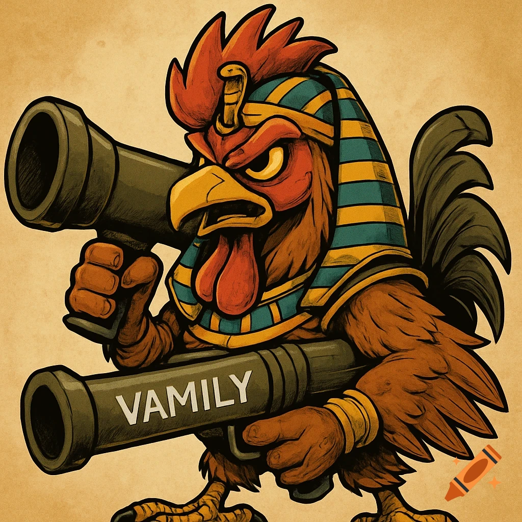 Cartoon rooster dressed as an Egyptian pharaoh, holding two bazookas.