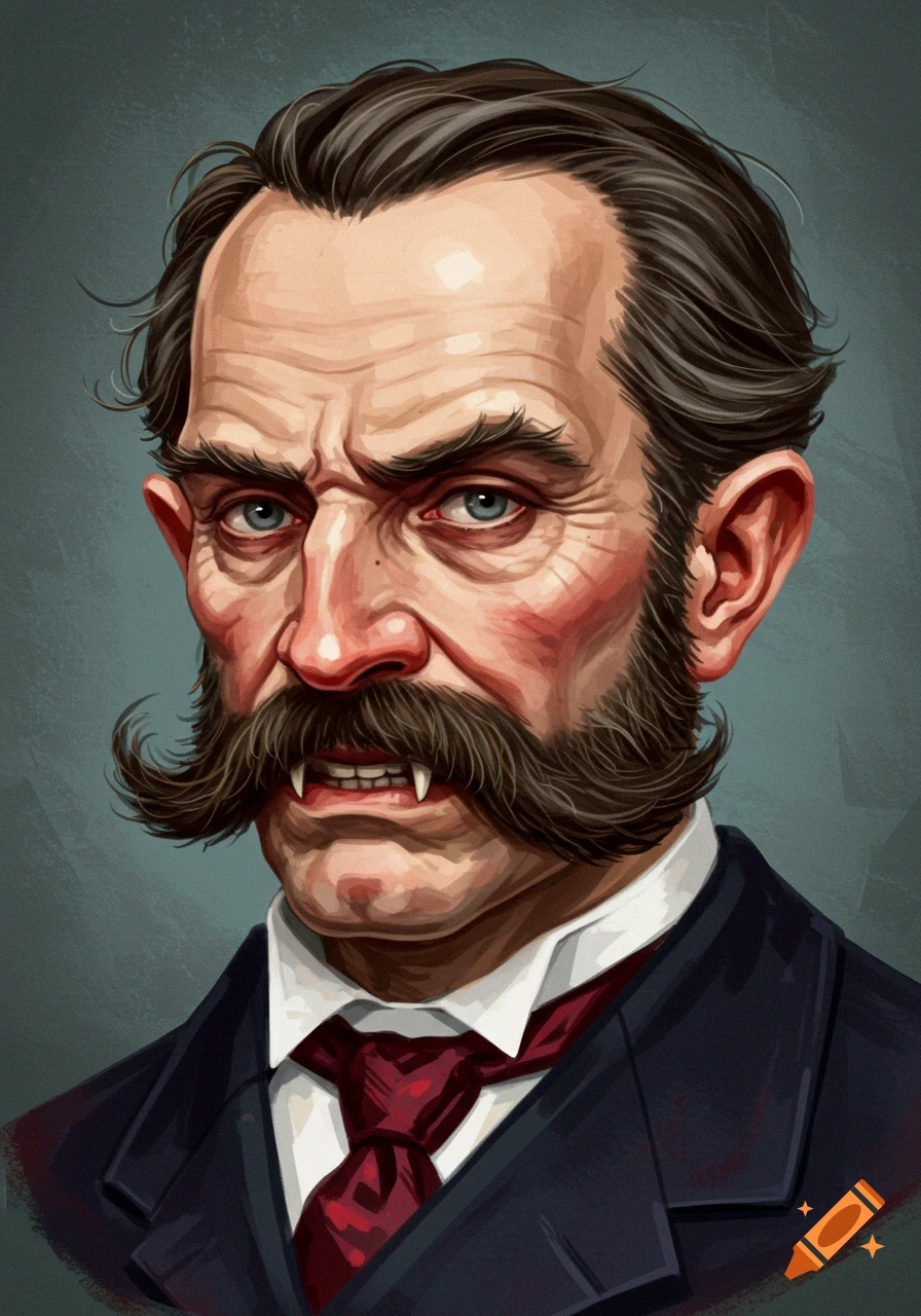 Illustration of a man with a mustache, fangs, and pointed ears, wearing a suit.