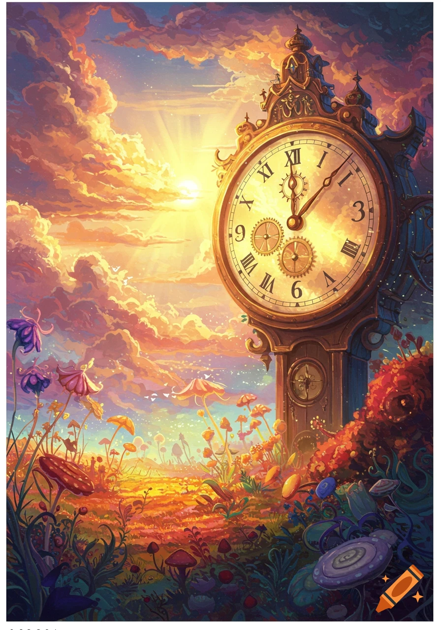 An ornate clock in a fantasy landscape with strange plants under a vibrant sunset.