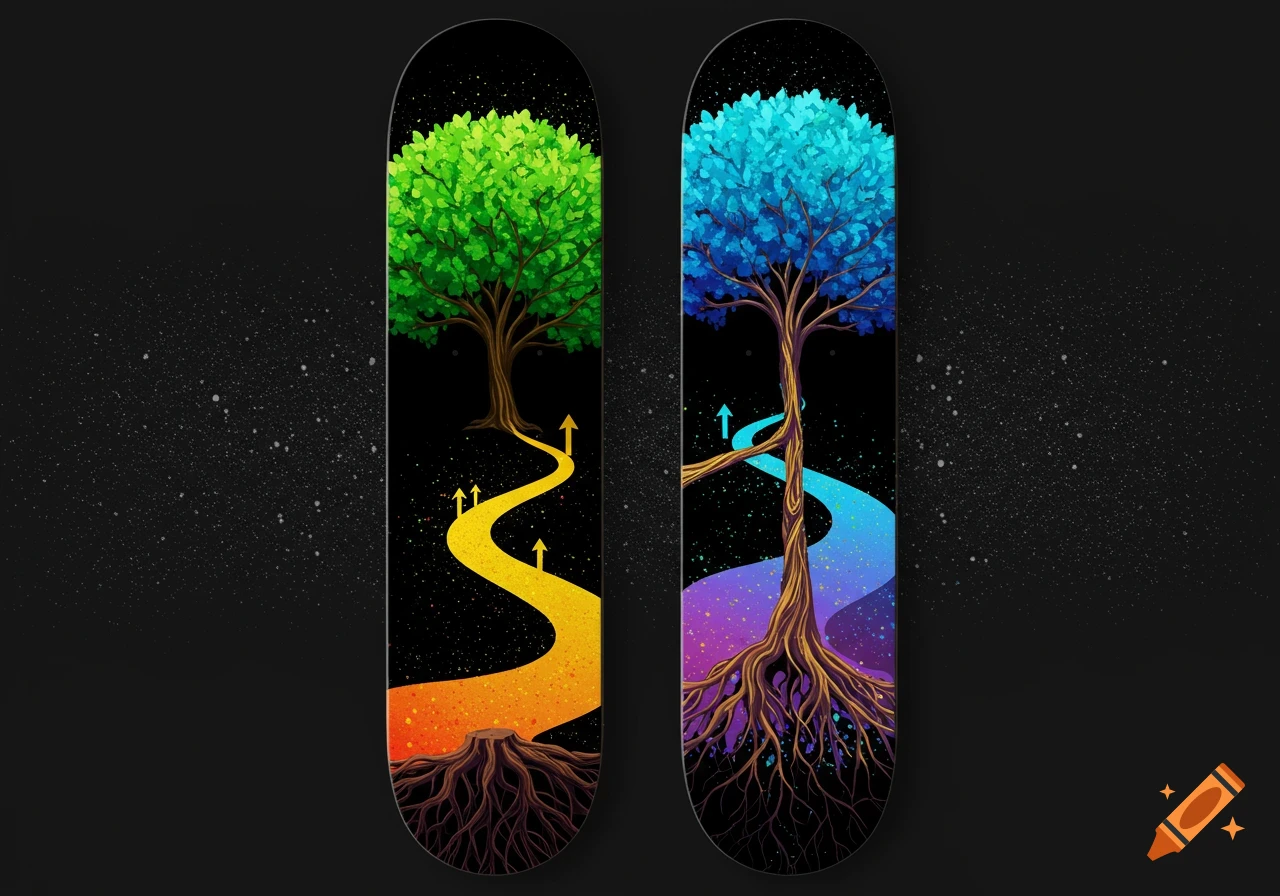 Two skateboard decks with stylized illustrations of trees, paths, and roots against a starry background.