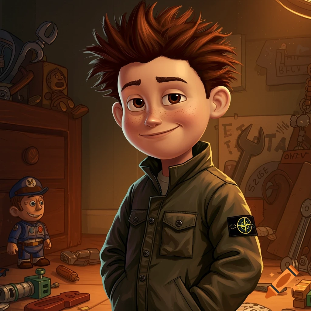 Cartoon boy resembling Sid from Toy Story wearing a jacket in a messy room with toys and tools.