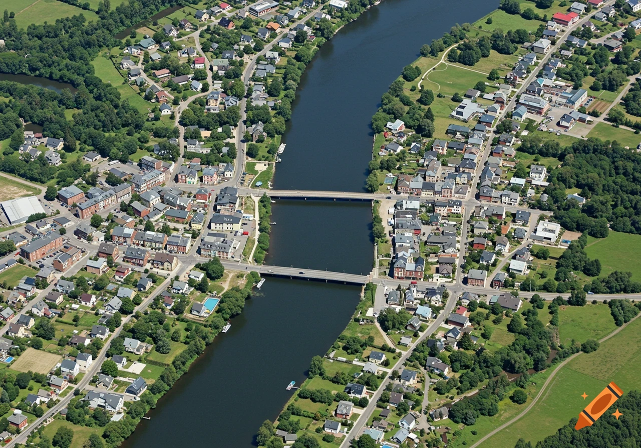 Aerial view of a small town divided by a river with bridges connecting the banks.