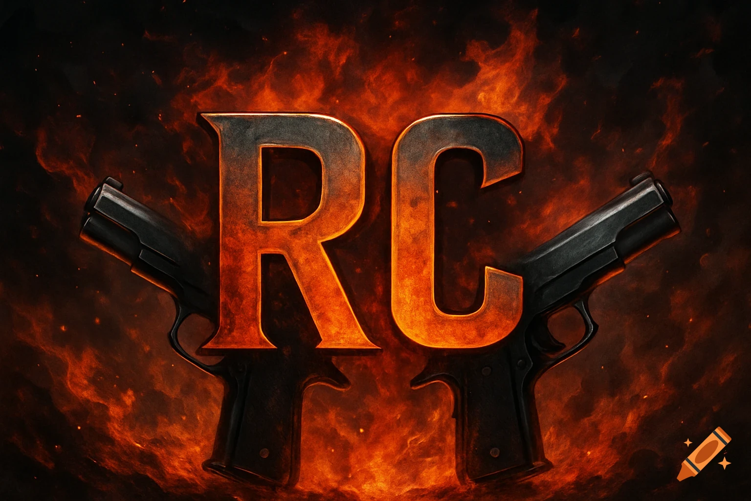 The letters RC with a fiery background and two guns.