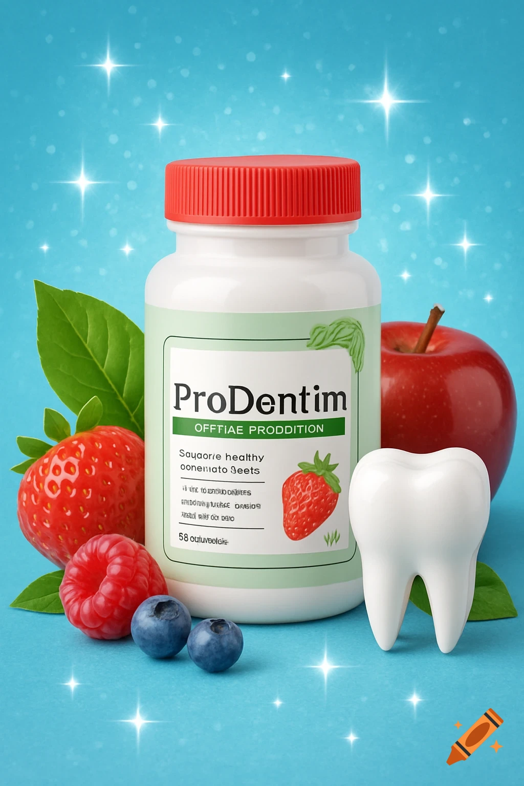 Bottle of ProDentim dental probiotics with berries, apple, leaf, and tooth model on a sparkling blue background.