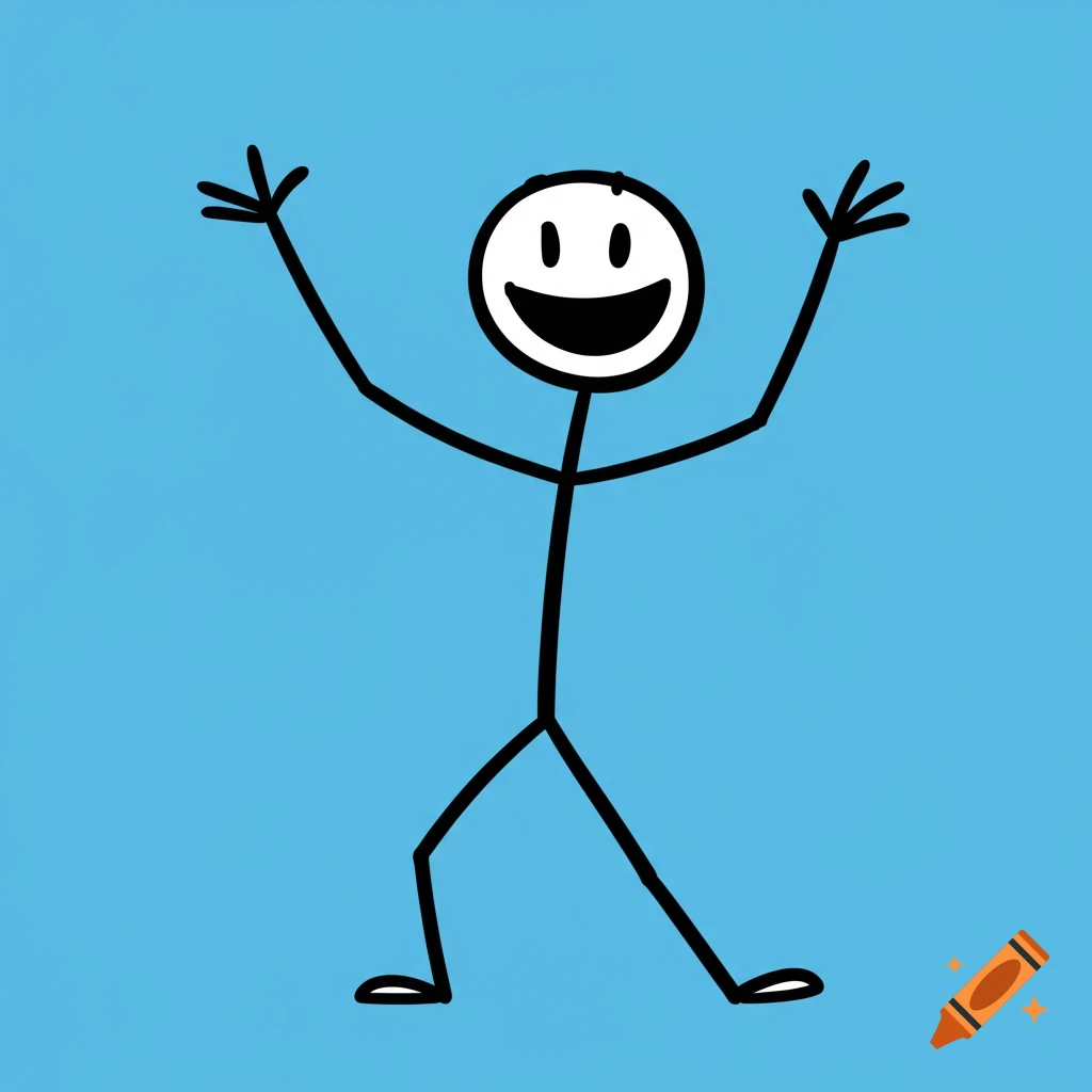 A black stick figure with a white head and big smile stands with arms raised on a blue background.