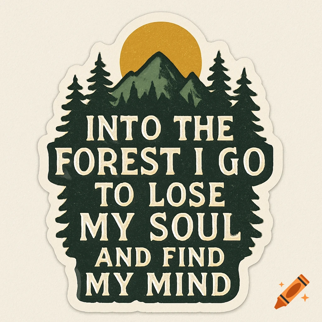 Sticker design with a forest scene, mountain, sun, and the text "Into the forest I go to lose my soul and find my mind."